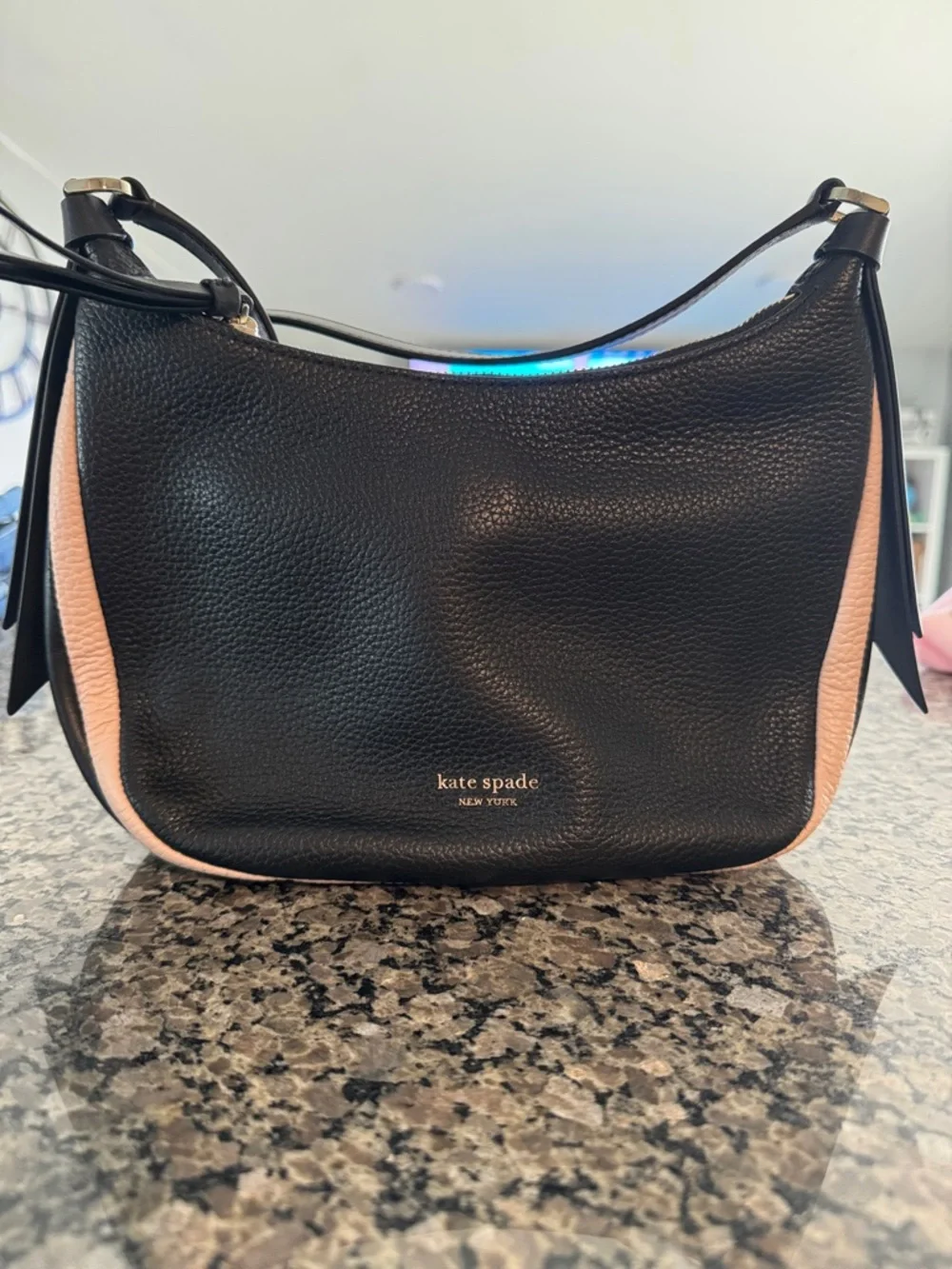 kate spade Black Pebbled Leather Shoulder Bag with Blush Trim